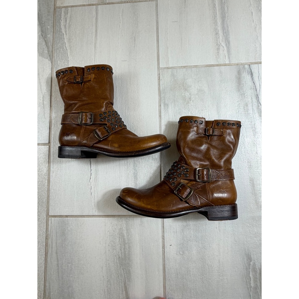 Frye Veronica Studded Moto Boots Brown Leather Engineer Buckle Mid-Calf 9B 76795
